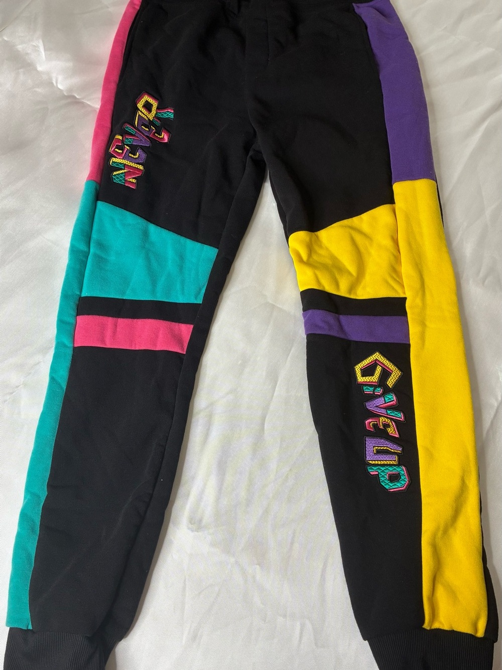 Colorblock Black Joggers with Teal, Pink, Purple & Yellow Panels